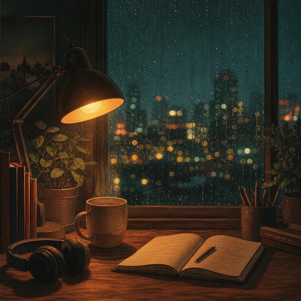 Lo-fi hip-hop album cover — a rainy night window desk with a warm lamp, coffee, and headphones
