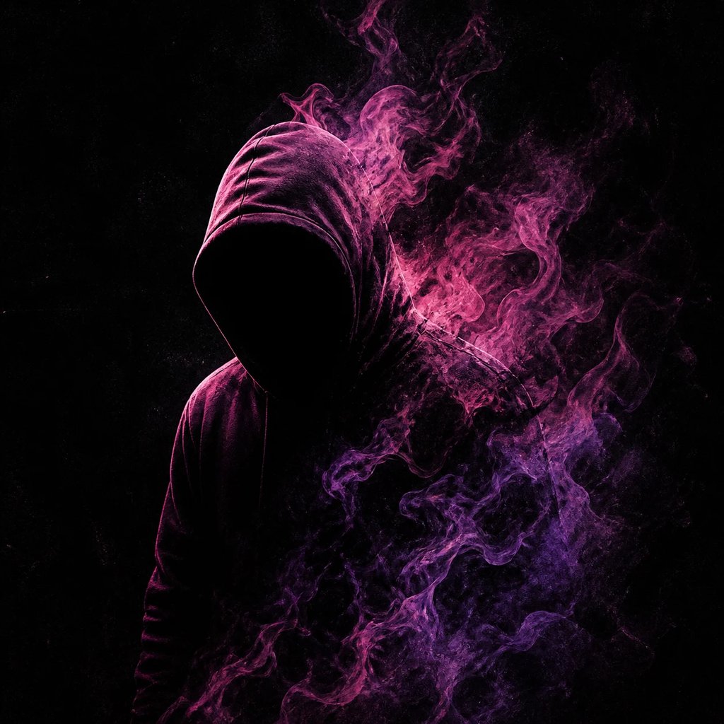 Dark trap album cover — a hooded figure dissolving into magenta neon smoke on black