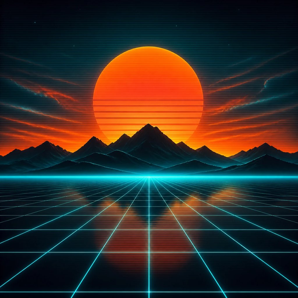 Synthwave album cover — a neon grid horizon with a large gradient sun over dark mountains