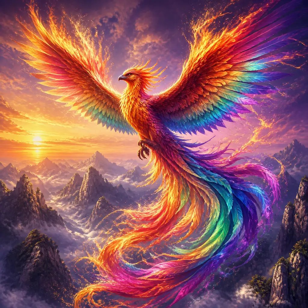 Vibrant rainbow phoenix fantasy painting created with the AI art generator