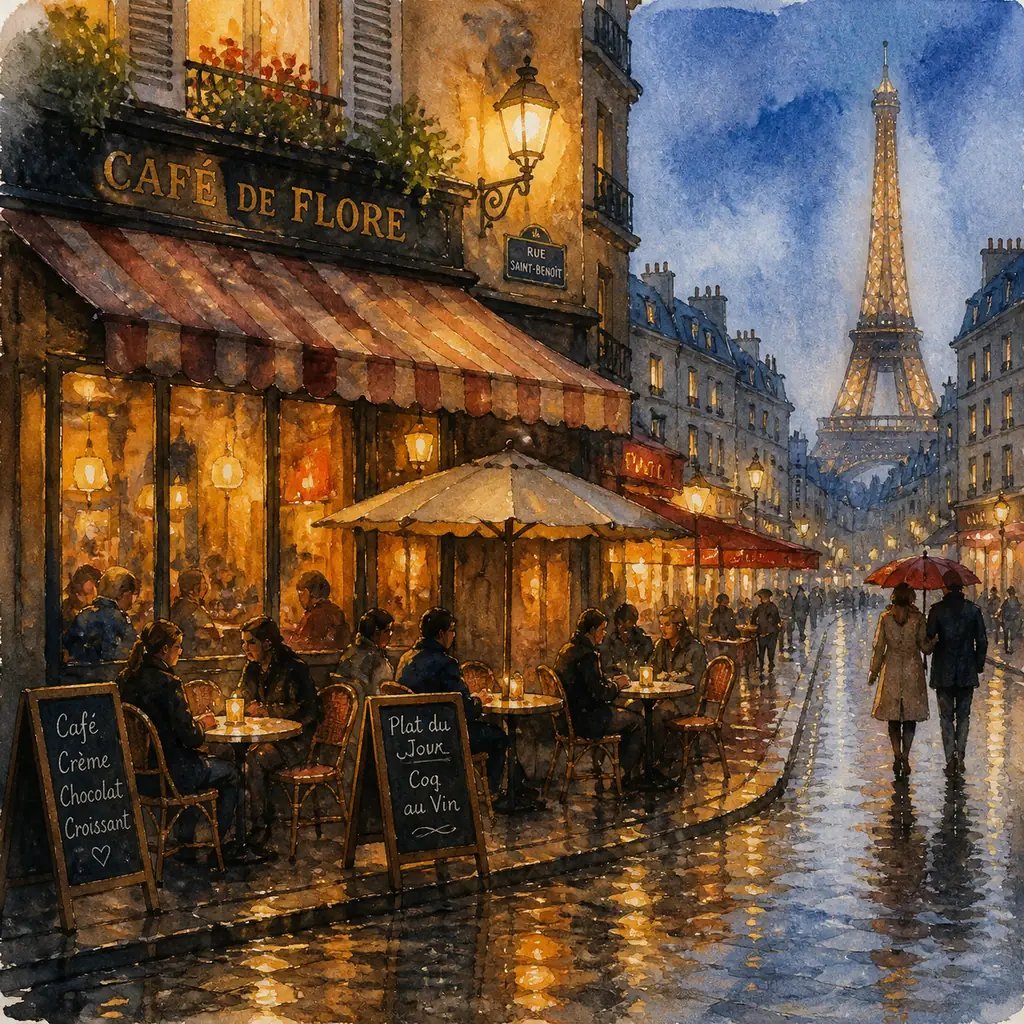 Watercolor painting of a rainy Paris café, made with the AI art generator