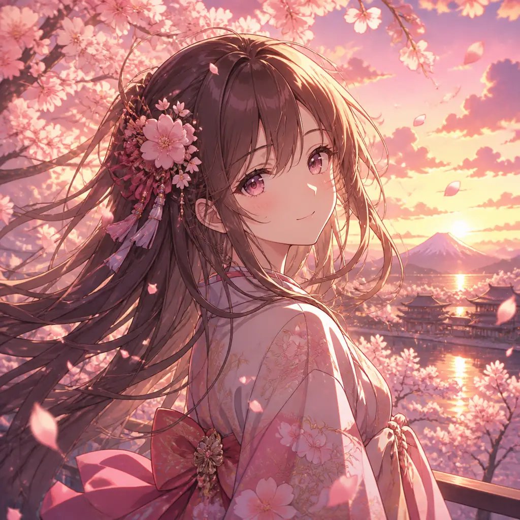 Anime illustration of a girl under cherry blossoms, made with the AI art generator
