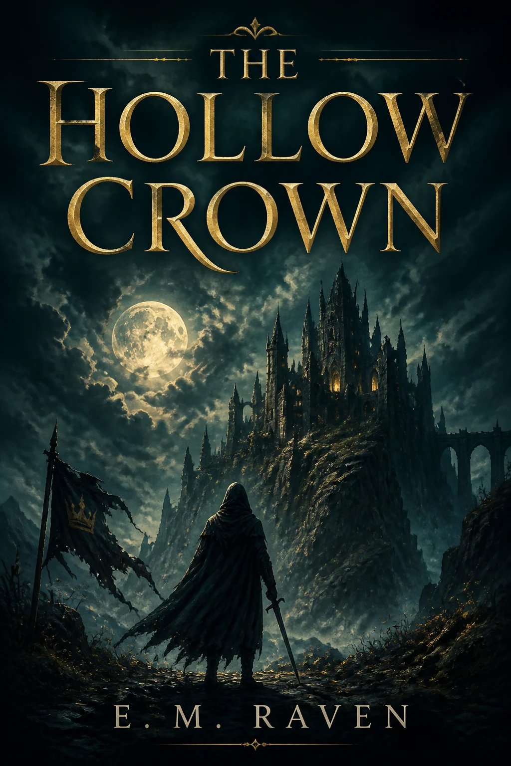 Fantasy book cover with a hooded figure before a ruined castle and the title The Hollow Crown