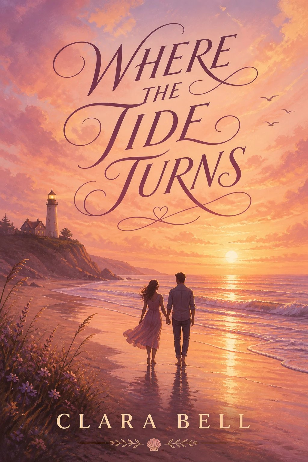 Romance book cover with a seaside sunset and the title Where the Tide Turns