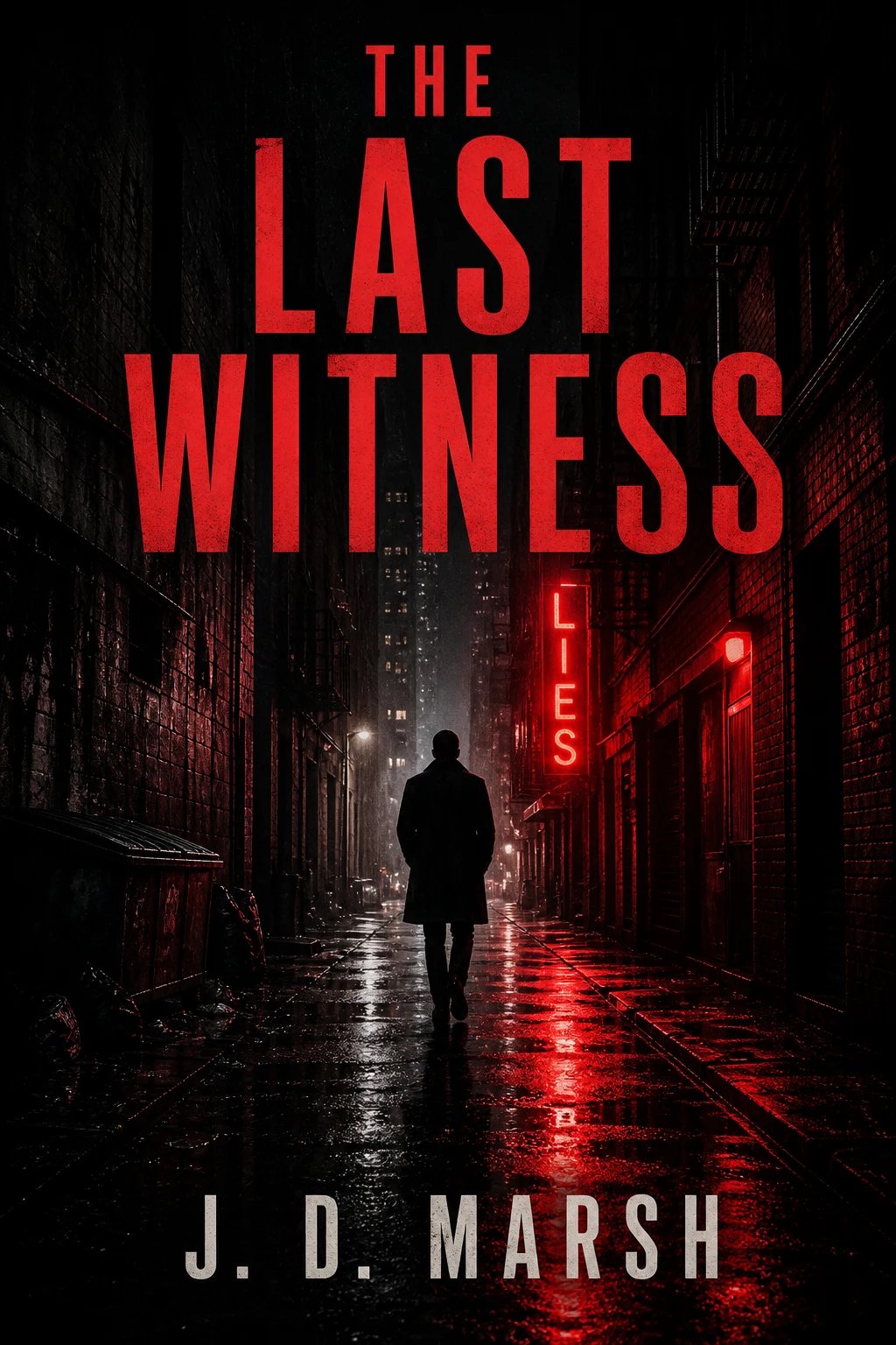 Thriller book cover with a rain-slick neon alley and the title The Last Witness