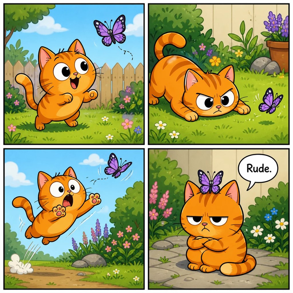 A four-panel cartoon comic strip of an orange cat chasing a butterfly