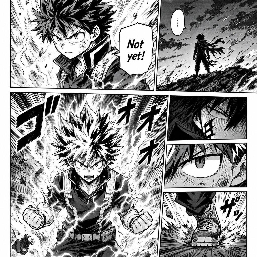 A black-and-white manga comic panel of a spiky-haired hero powering up