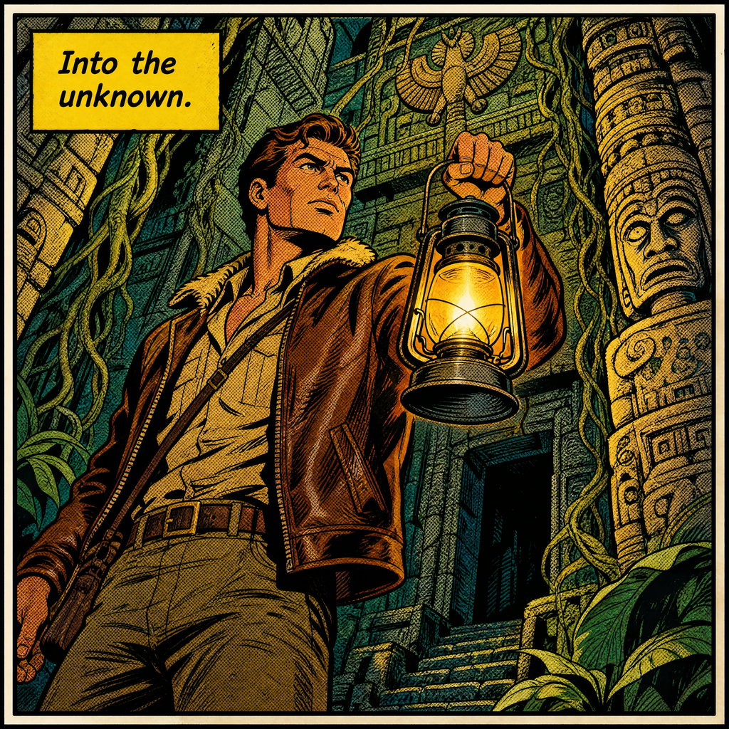 A bold American superhero comic panel of a caped hero on a rooftop