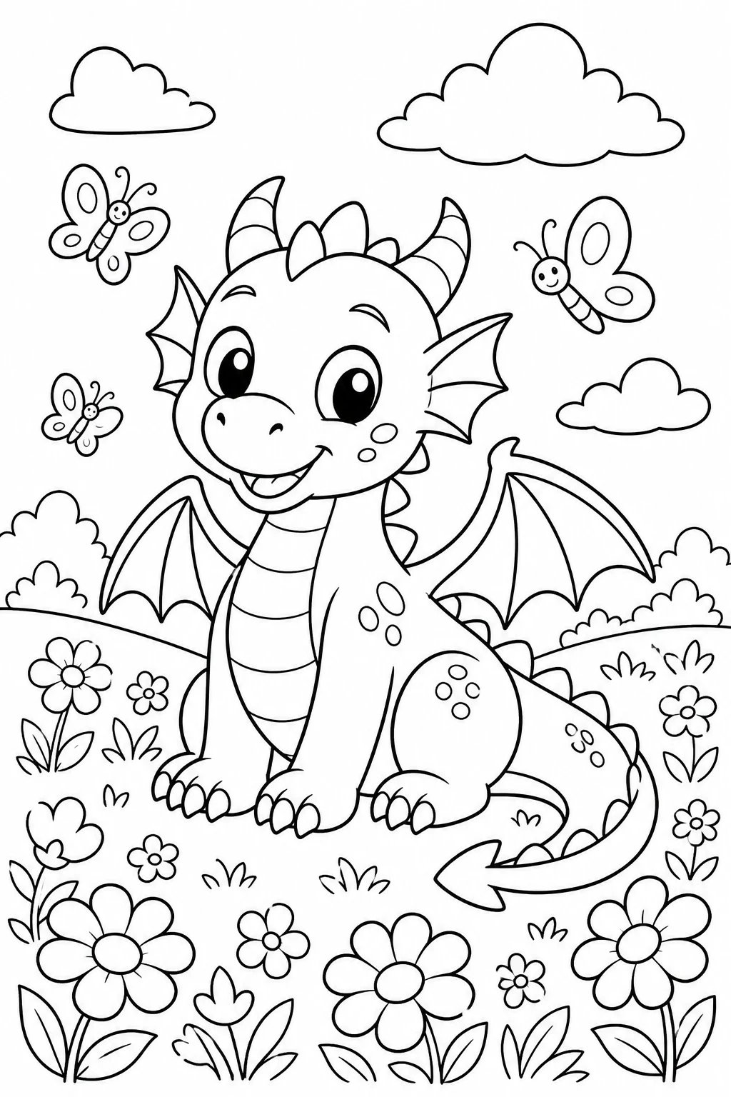 Coloring page — a cute baby dragon in a flower meadow, black-and-white line art