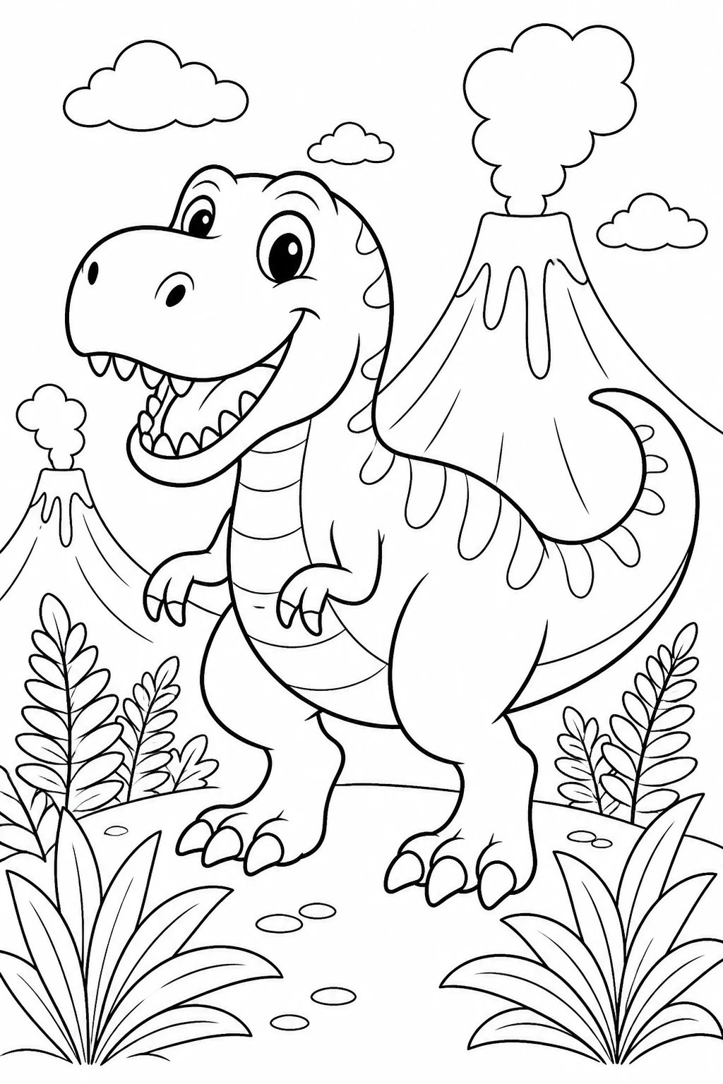 Coloring page — a friendly cartoon T-rex among ferns, black-and-white line art