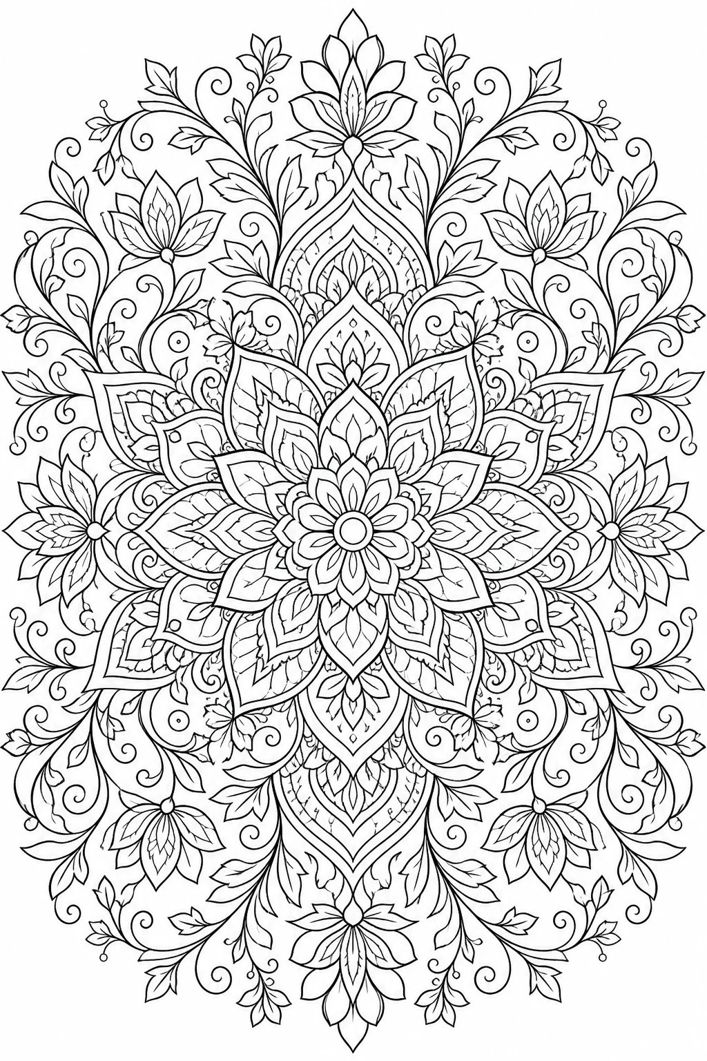 Coloring page — an intricate floral mandala, black-and-white line art