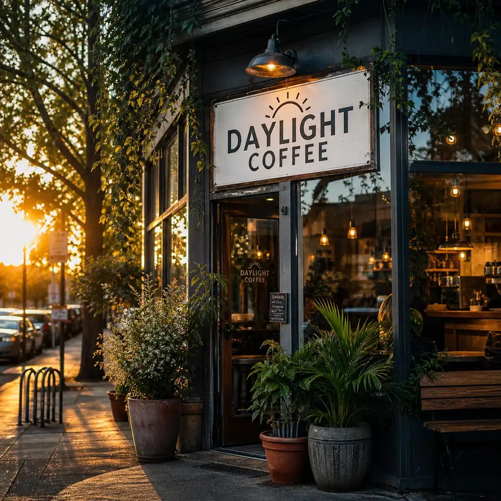 Photorealistic café storefront with a readable sign, generated with the Nano Banana 2 model