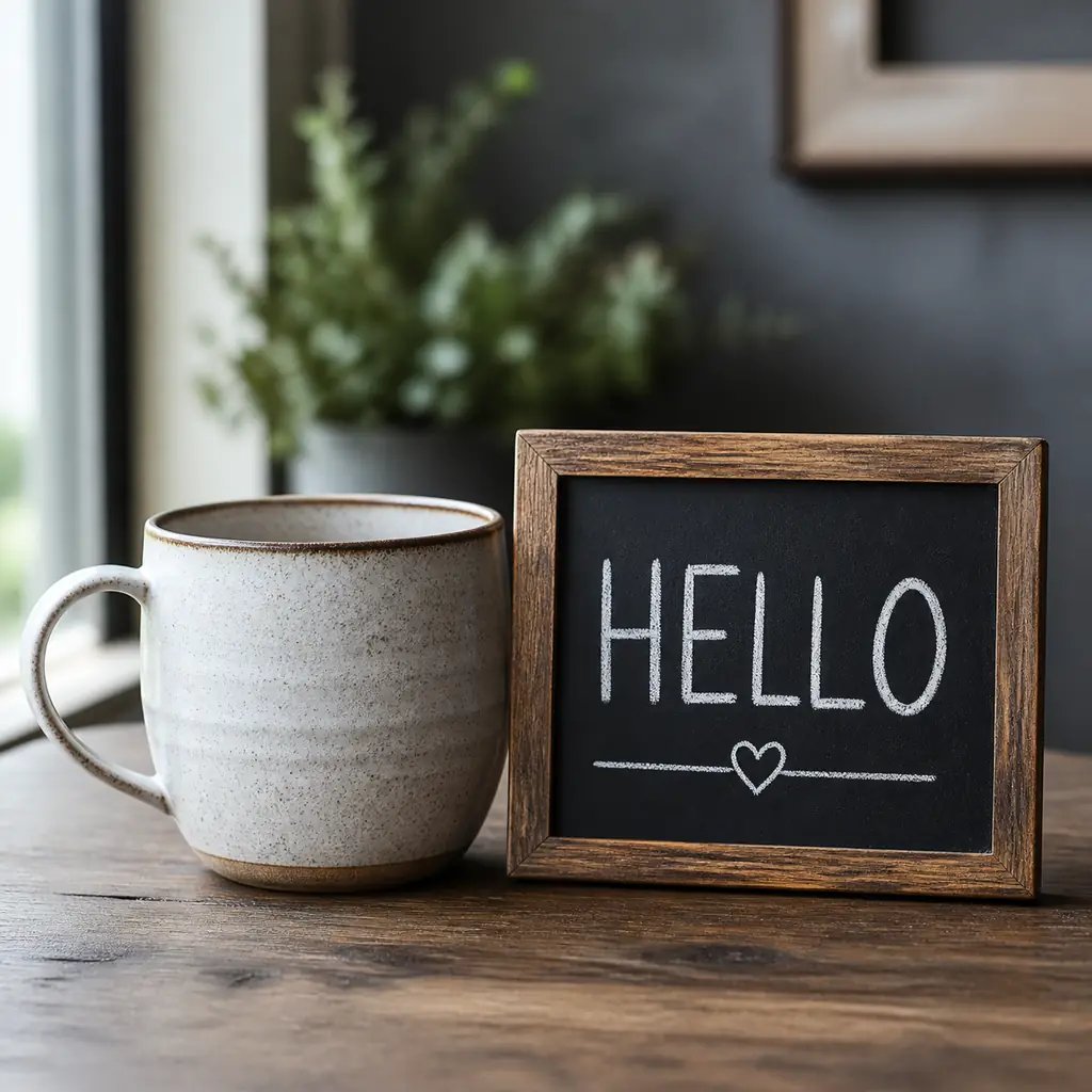 A mug beside a chalkboard sign with legible lettering, generated with the Nano Banana 2 model