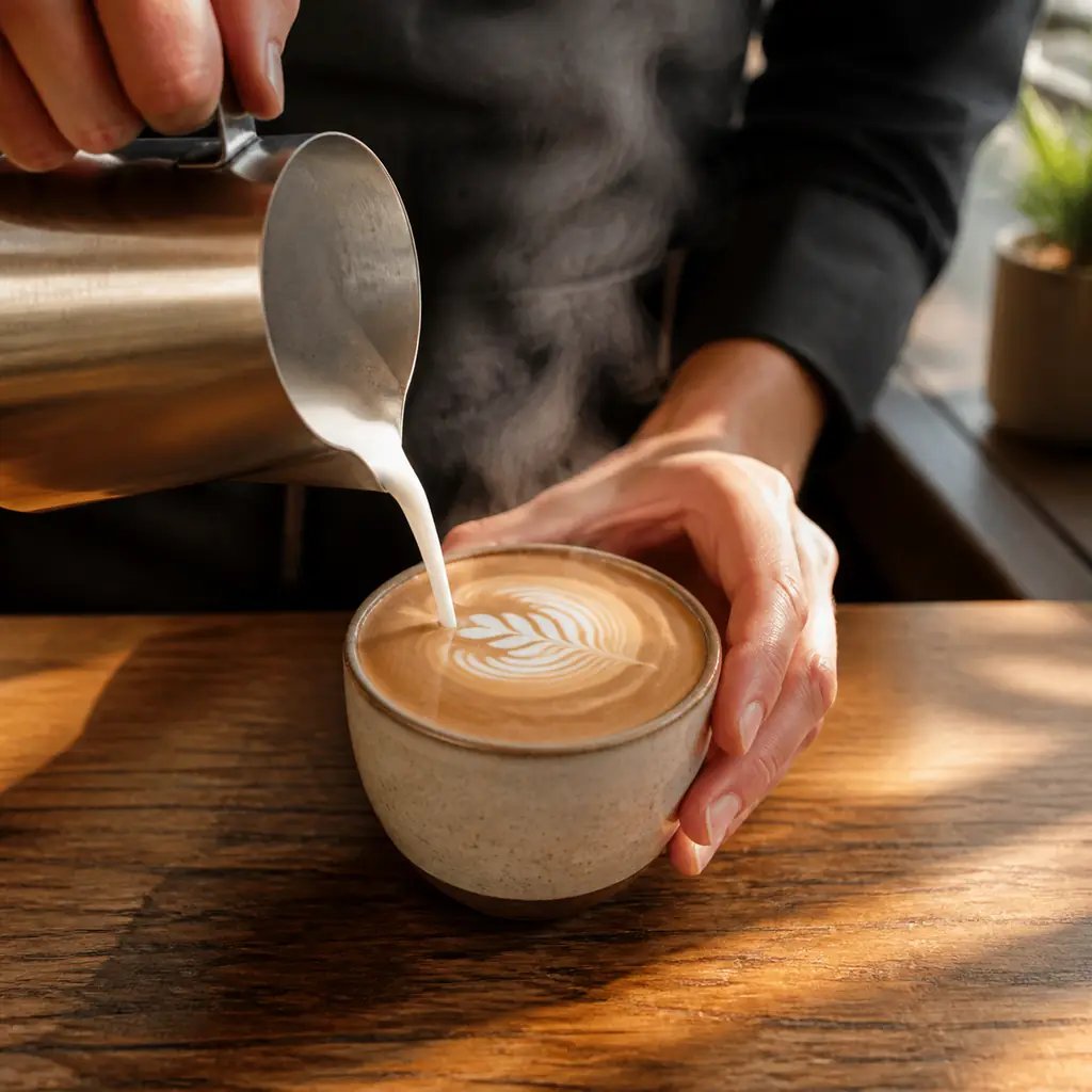 Barista pouring latte art, a photorealistic image generated with the Nano Banana 2 model