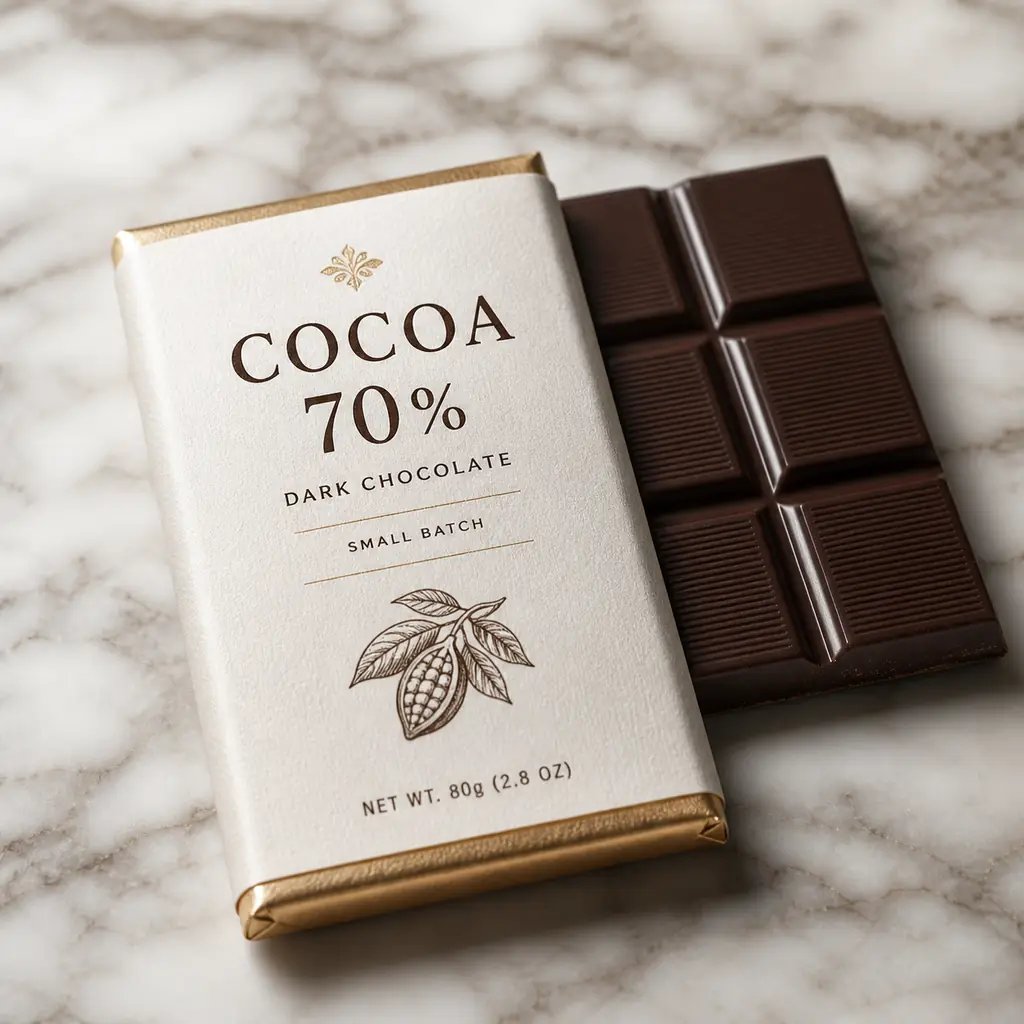 Chocolate bar with a readable 'COCOA 70%' label, generated with the Nano Banana 2 model
