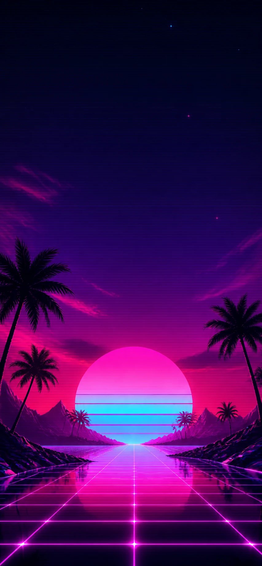 Phone wallpaper — a neon synthwave sunset with a glowing grid horizon in magenta and cyan