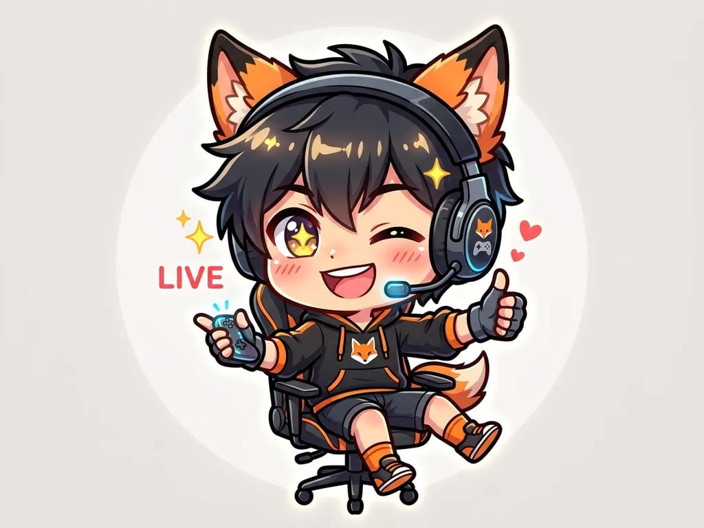 Cute chibi anime streamer emote with fox ears and gaming headset