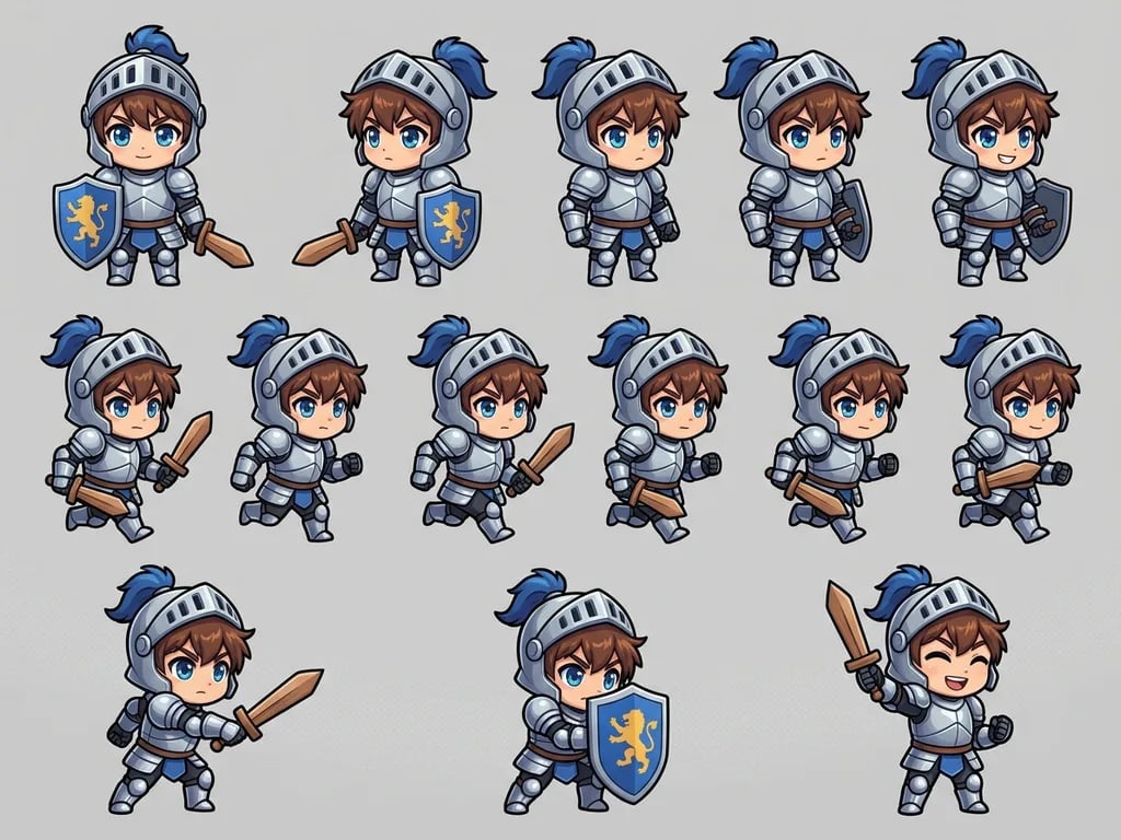 2D fantasy RPG chibi knight character sprite sheet with wooden sword and shield