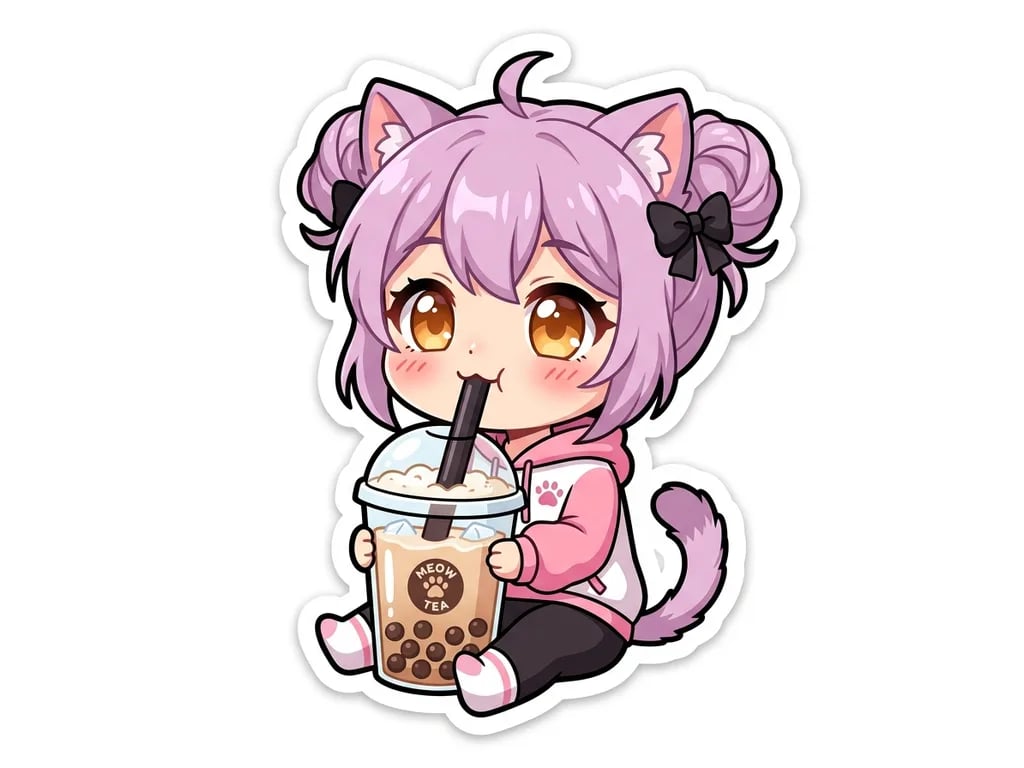 Die-cut vinyl sticker of a cute chibi anime cat girl drinking boba bubble tea