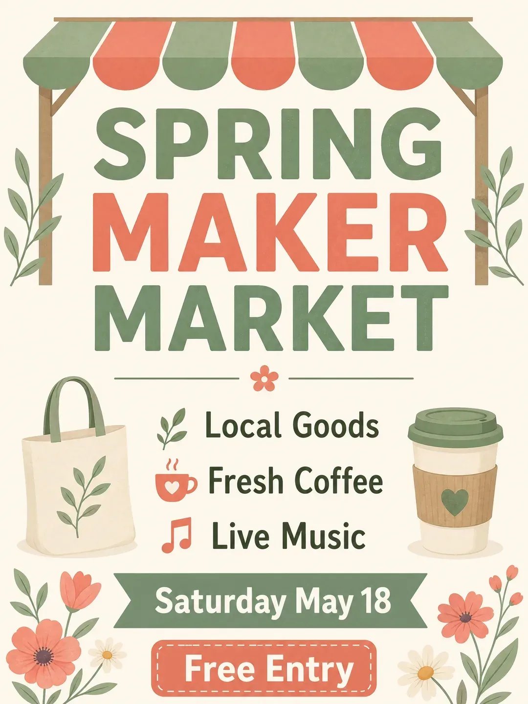 Clean spring maker market flyer with large readable text and sparse flat illustrations.