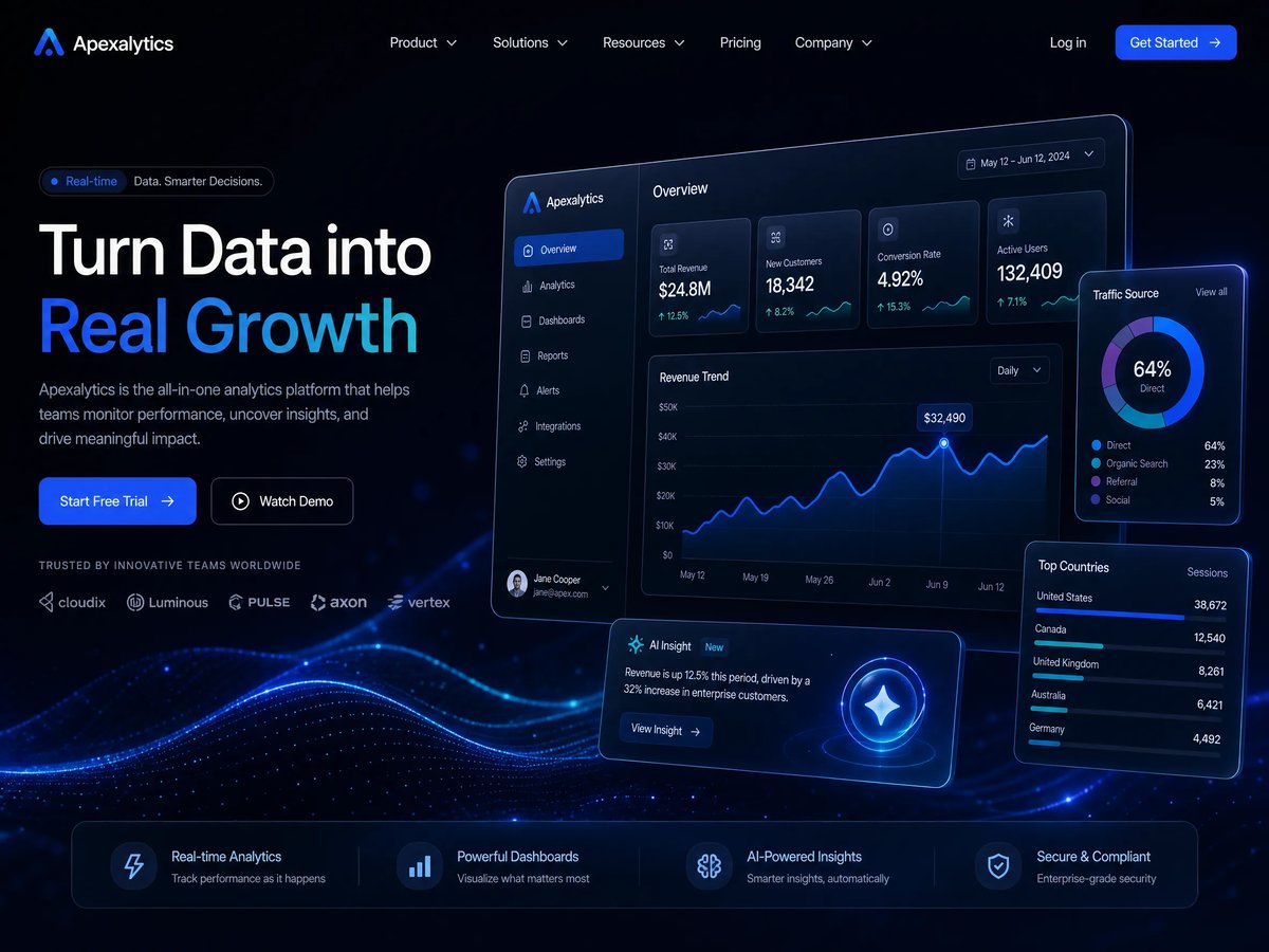 Modern dark mode Modern tech website hero banner mockup with glowing charts and UI elements