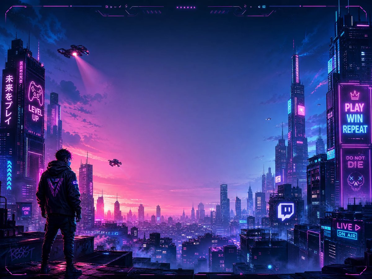 Epic synthwave cyber warrior streaming channel art banner with neon cityscape