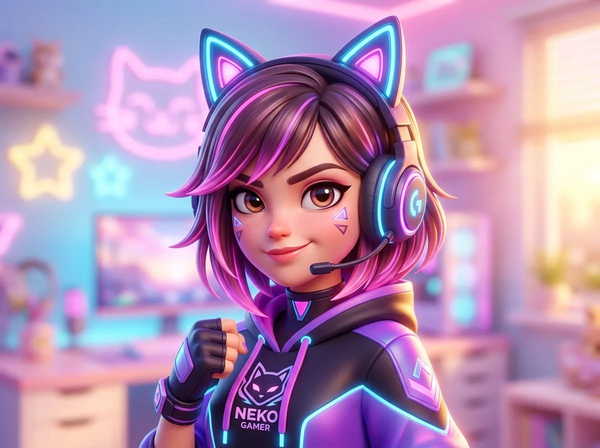 3D stylized female gamer streamer persona with glowing cat-ear headset