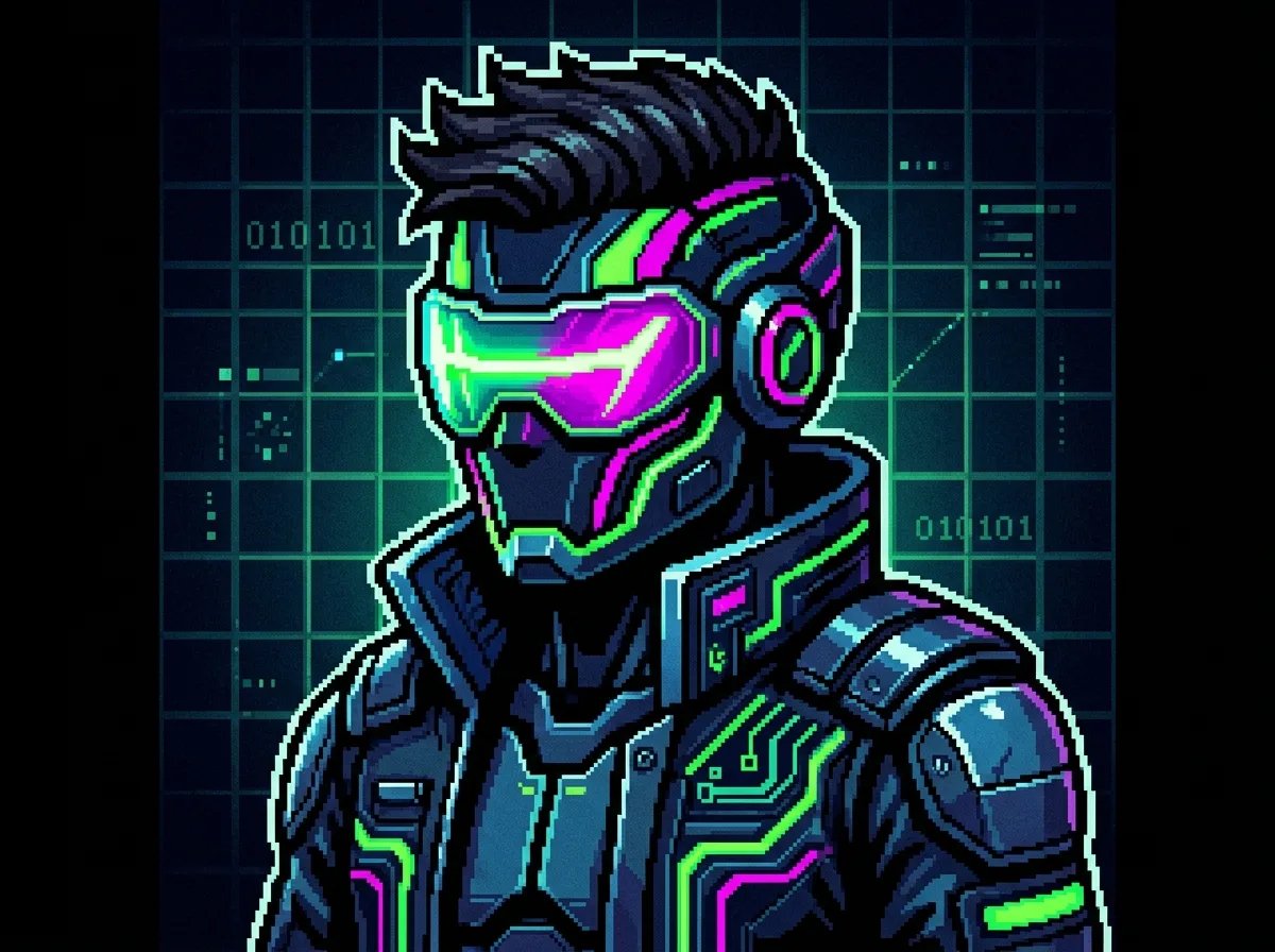 Retro cyberpunk pixel art warrior avatar optimized for small icon legibility