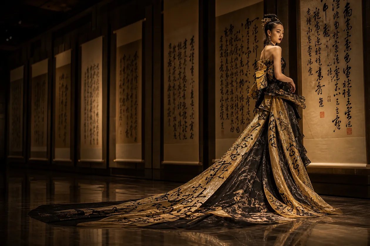 A calligraphy haute-couture portrait in a different art style, showing how each Creating Image image model renders a prompt its own way