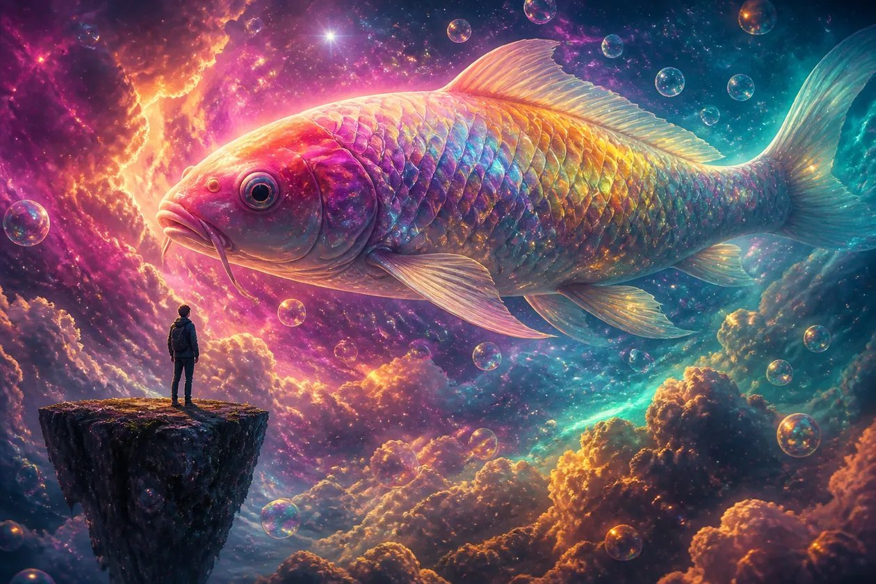 A cosmic koi soaring over a nebula, generated from a text prompt with Creating Image's AI image generator