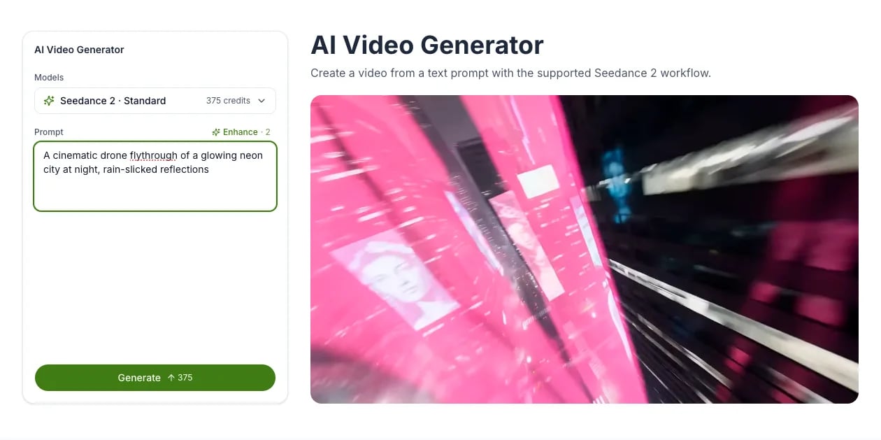 Creating Image AI video generator creating a video from a text prompt with Seedance 2