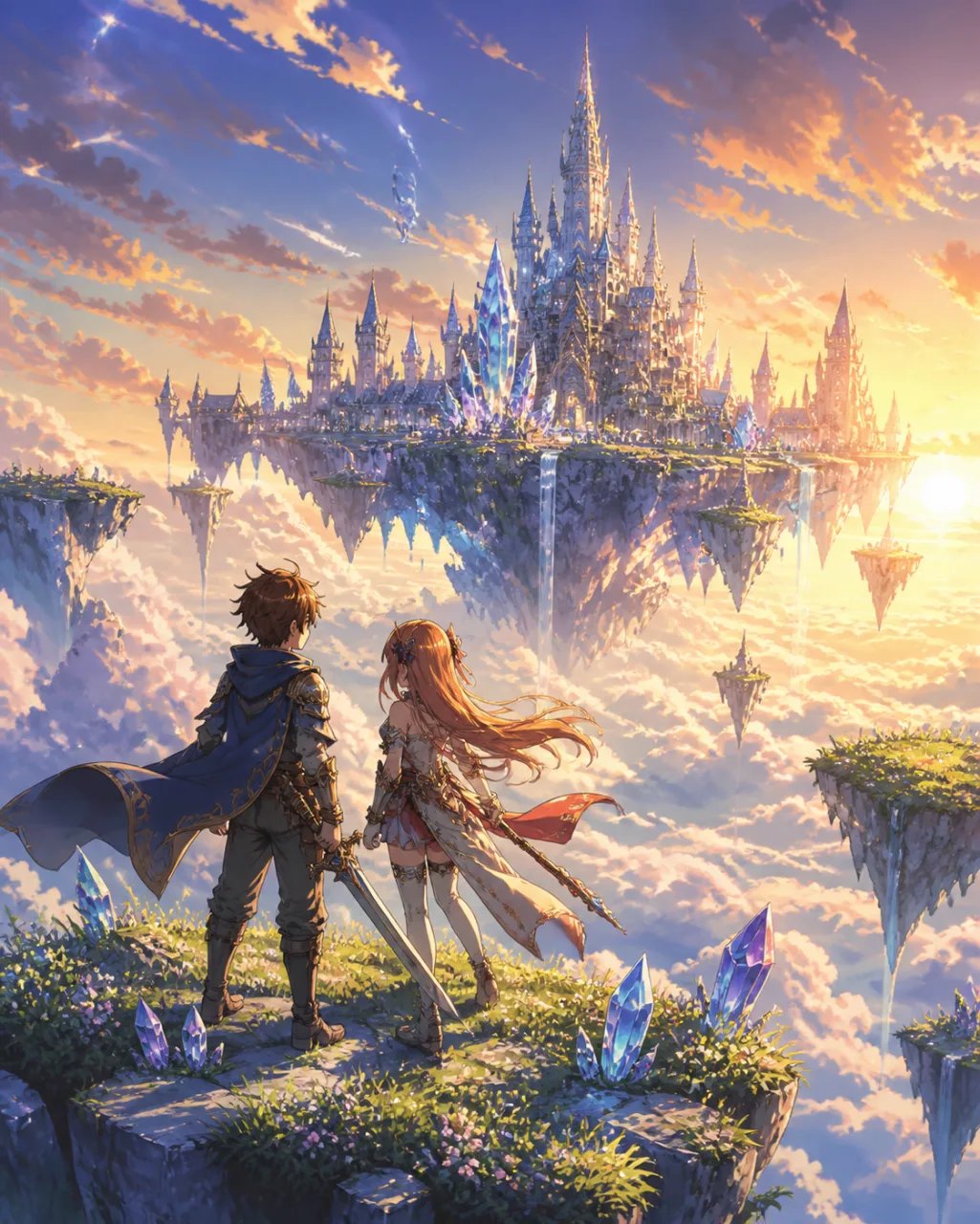 Anime fantasy scene with a floating castle, generated by the AI anime generator from a text prompt