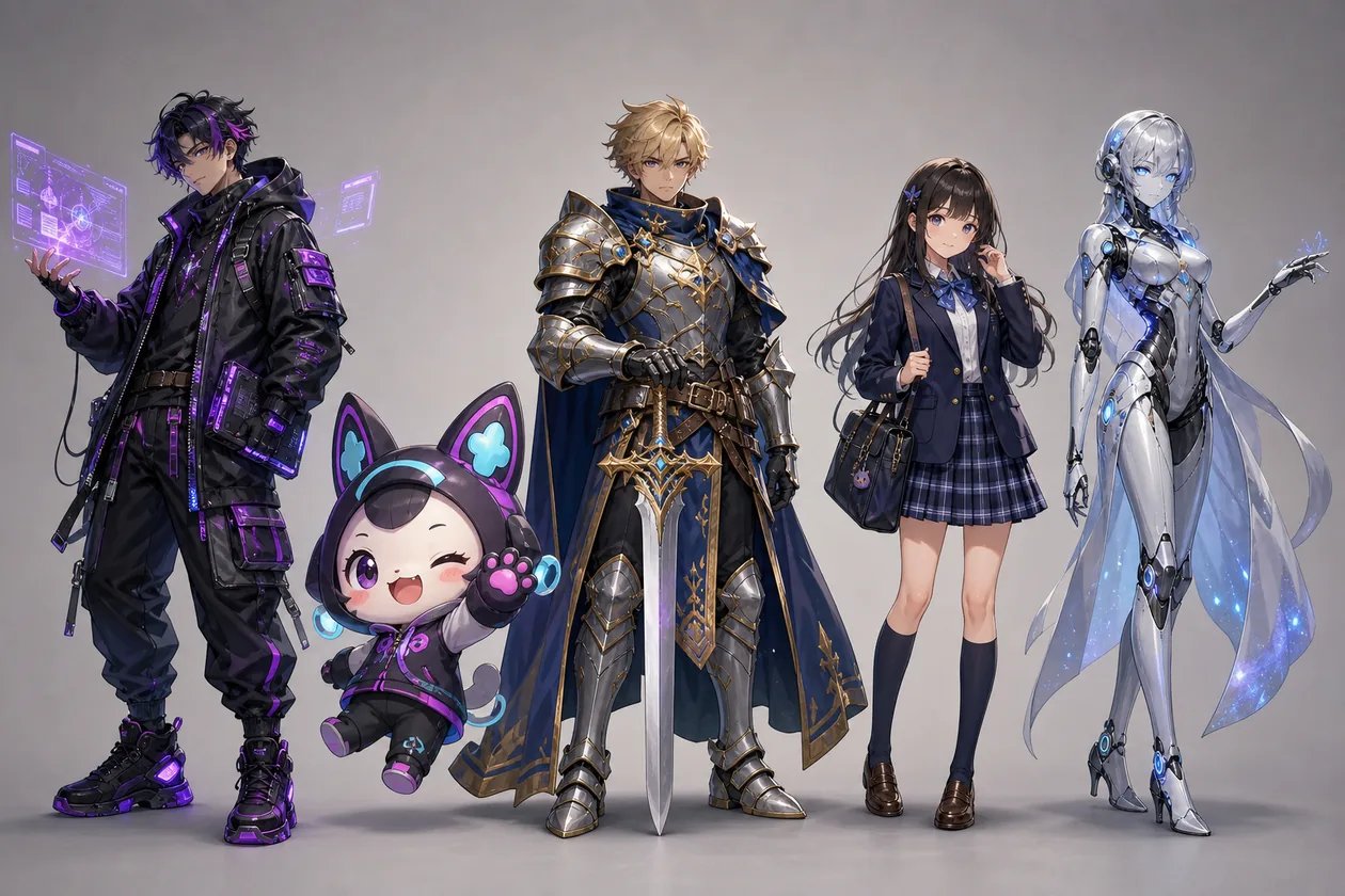 A lineup of five original characters in different art styles, made with the AI character generator