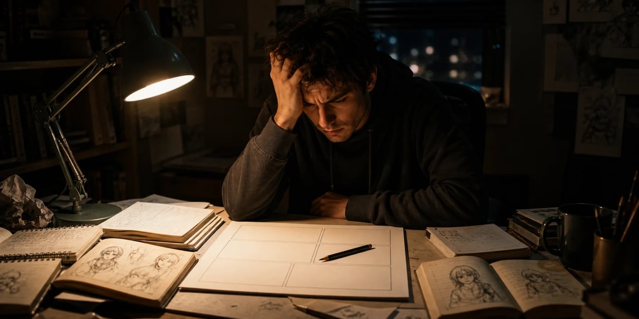 A person with pages of story notes facing a blank comic page