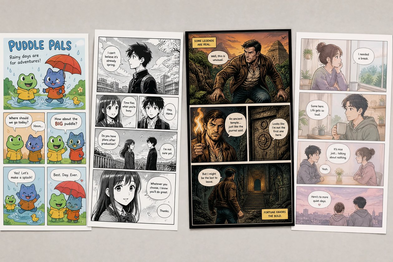 Several comic pages in different art styles displayed together