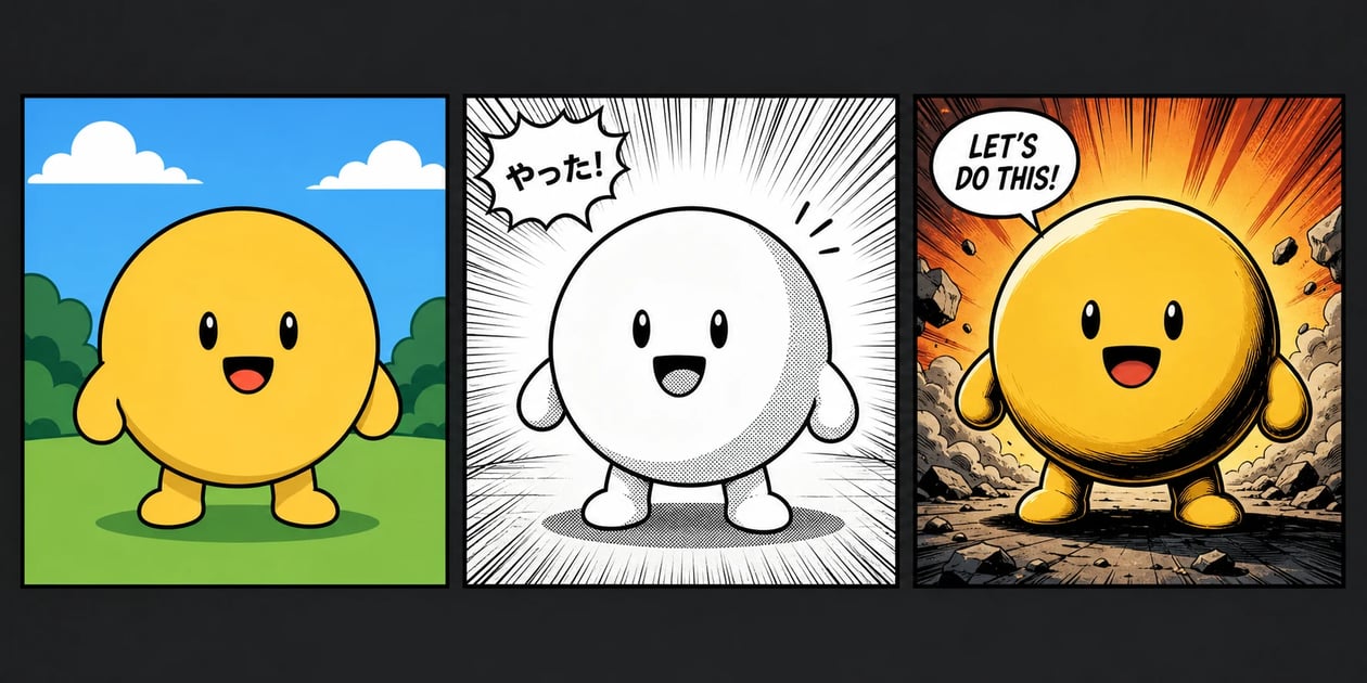 The same character drawn as a comic panel in three different styles