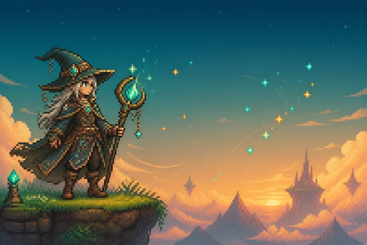 An AI pixel art generator rendering a retro character sprite