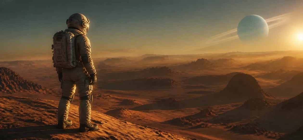 A cinematic text to image result of an astronaut on an orange desert dune at golden hour