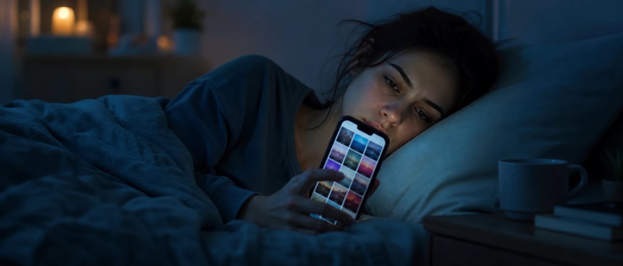 A person scrolling endlessly through a wallpaper app at night
