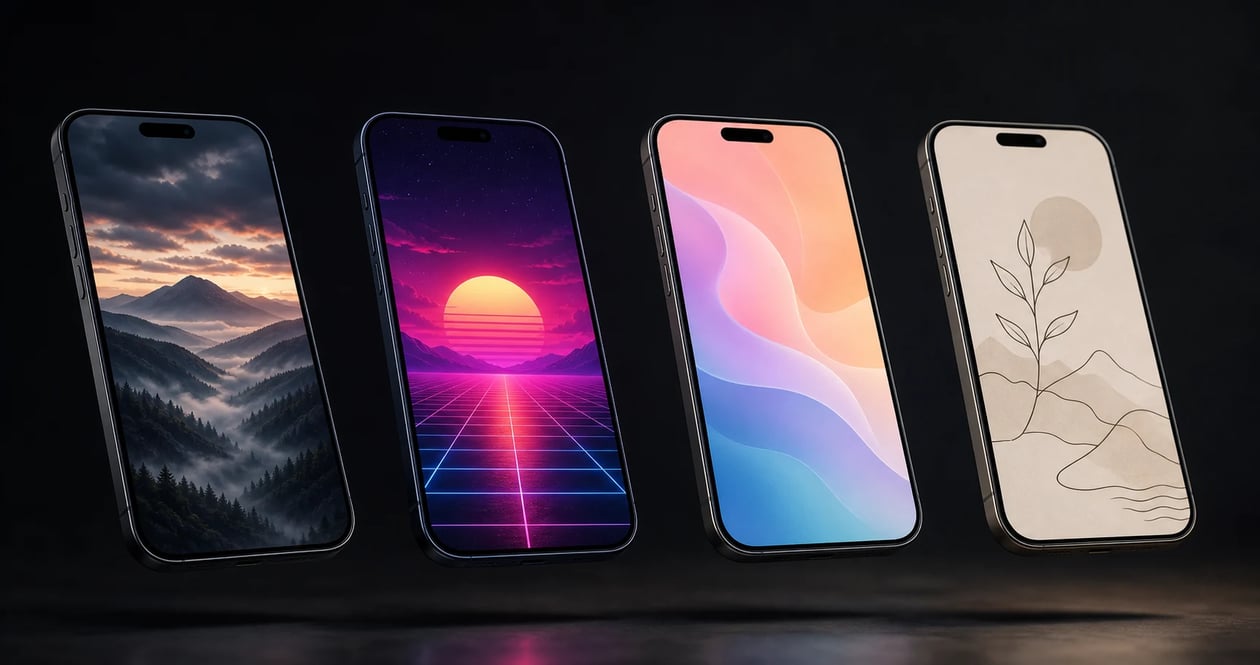 Four AI-generated phone wallpapers shown on floating smartphone screens