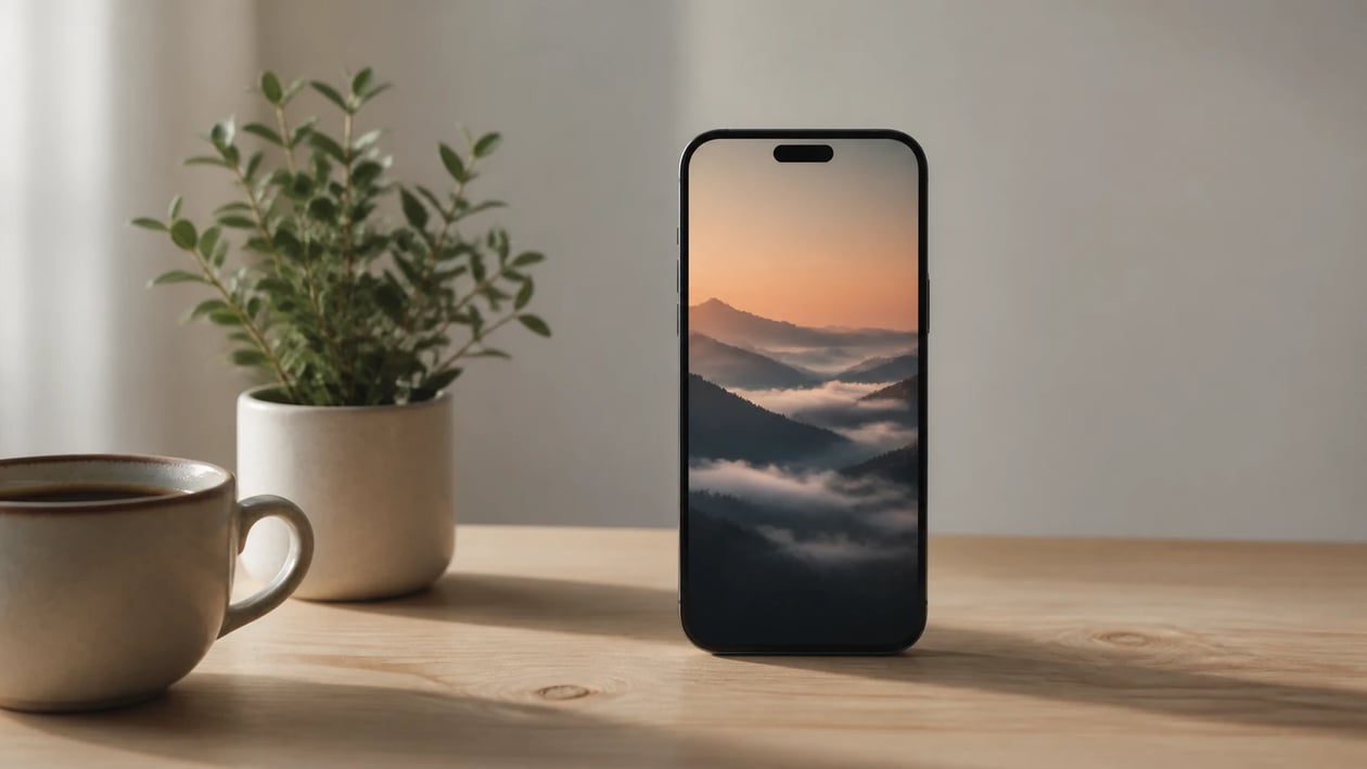 A smartphone on a desk showing a misty-mountain dusk wallpaper
