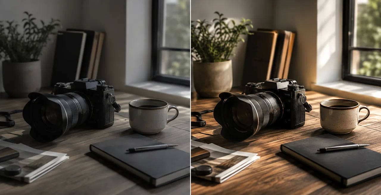 AI photo editor before-and-after image showing a desk photo turned into a polished editorial version