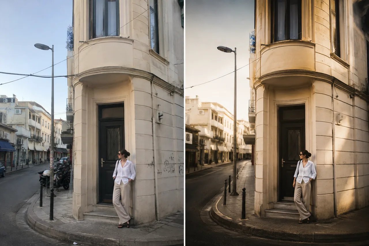 AI photo editor before-and-after street photo with dull light changed into a cinematic edited version