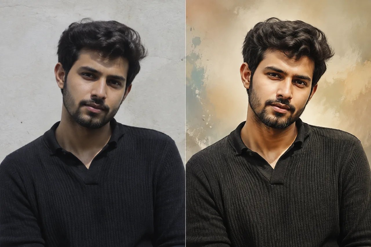 AI photo editor comparison showing a portrait photo transformed into a refined mixed-media image