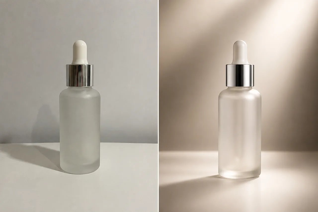 AI photo editor product photo before and after with a raw bottle image changed into a studio product image