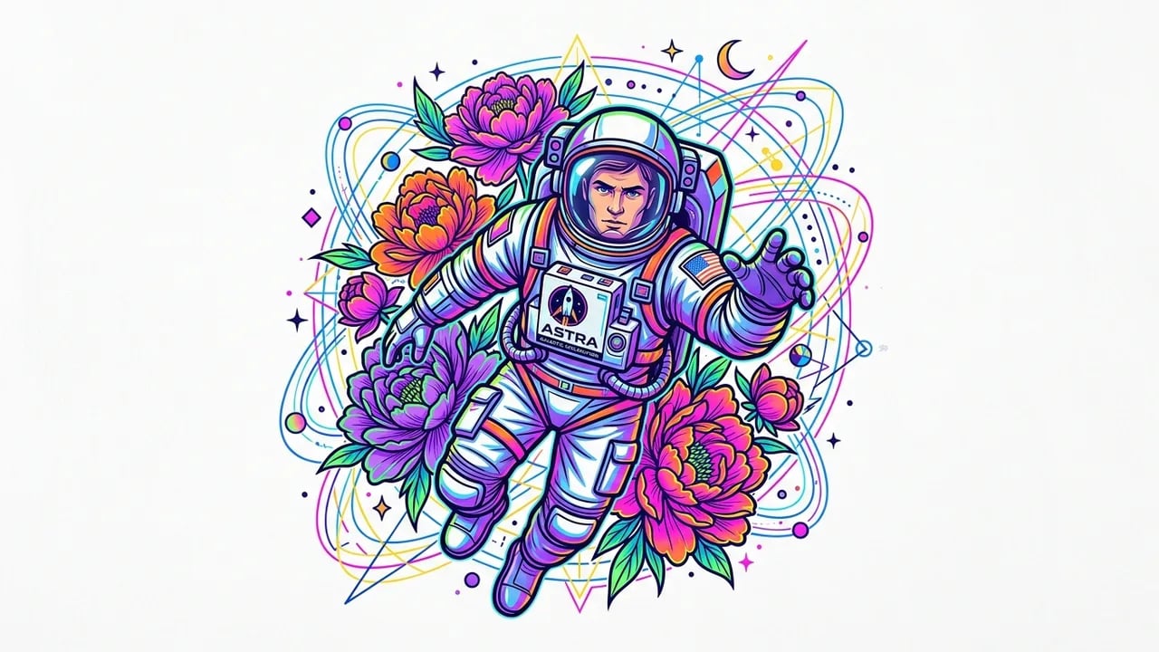 Neon astronaut floating among blooming peonies with razor-sharp clean silhouette cutout.