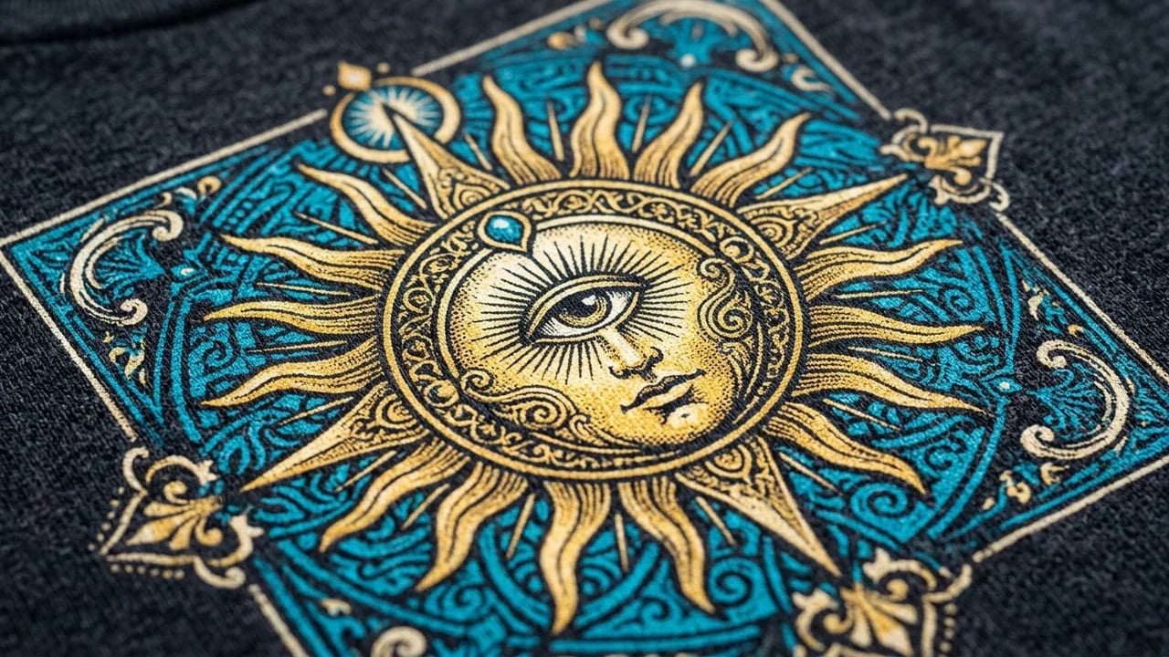 Macro textile close-up of a direct-to-garment physical ink print showing crisp fabric texture and golden pigments.