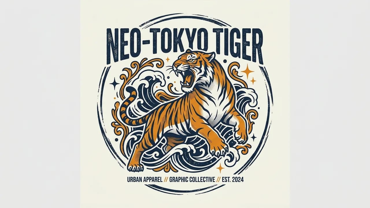 AI-generated vintage Japanese tiger apparel graphic with bold circular waves and distressed typography.