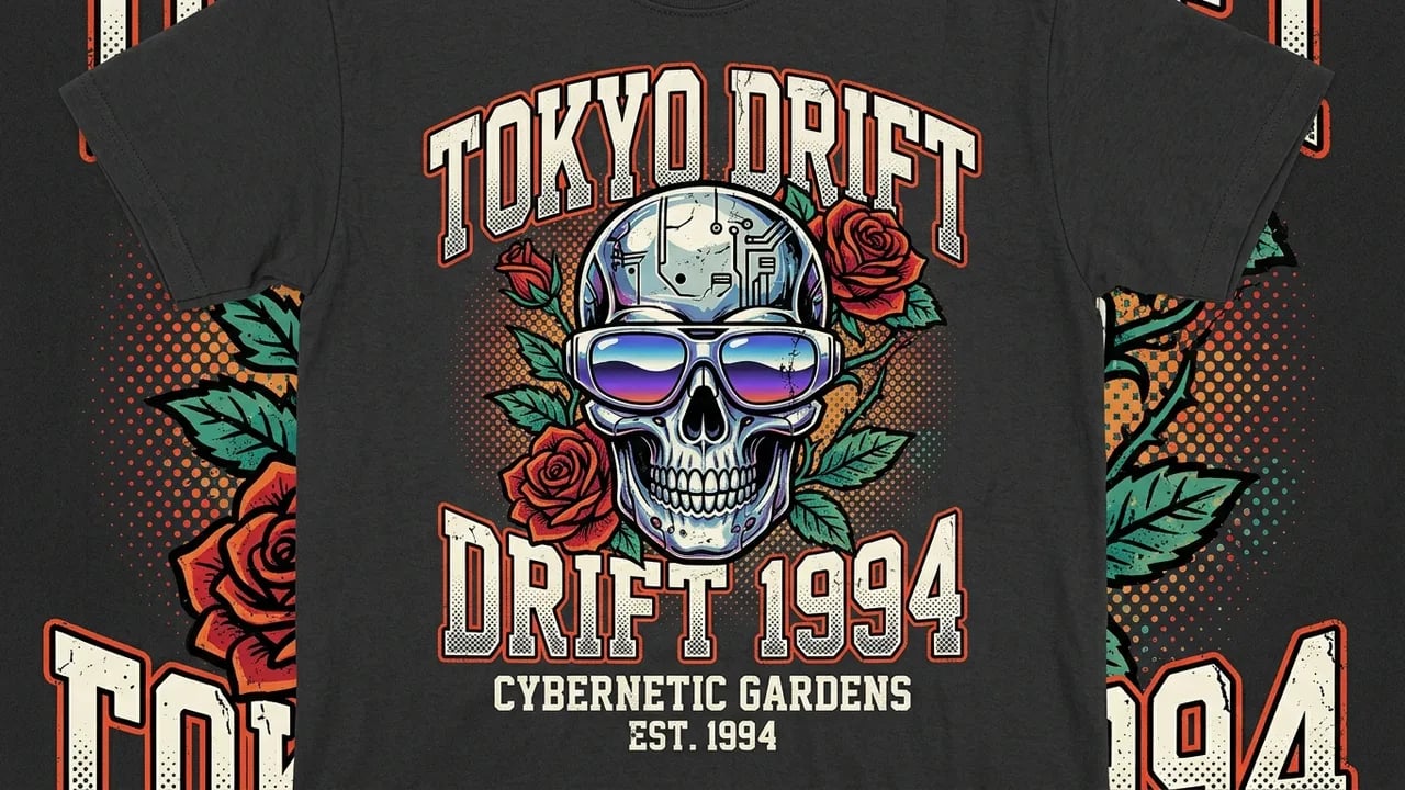 Vintage 90s cybernetic skull streetwear t-shirt graphic with roses and bold typography.