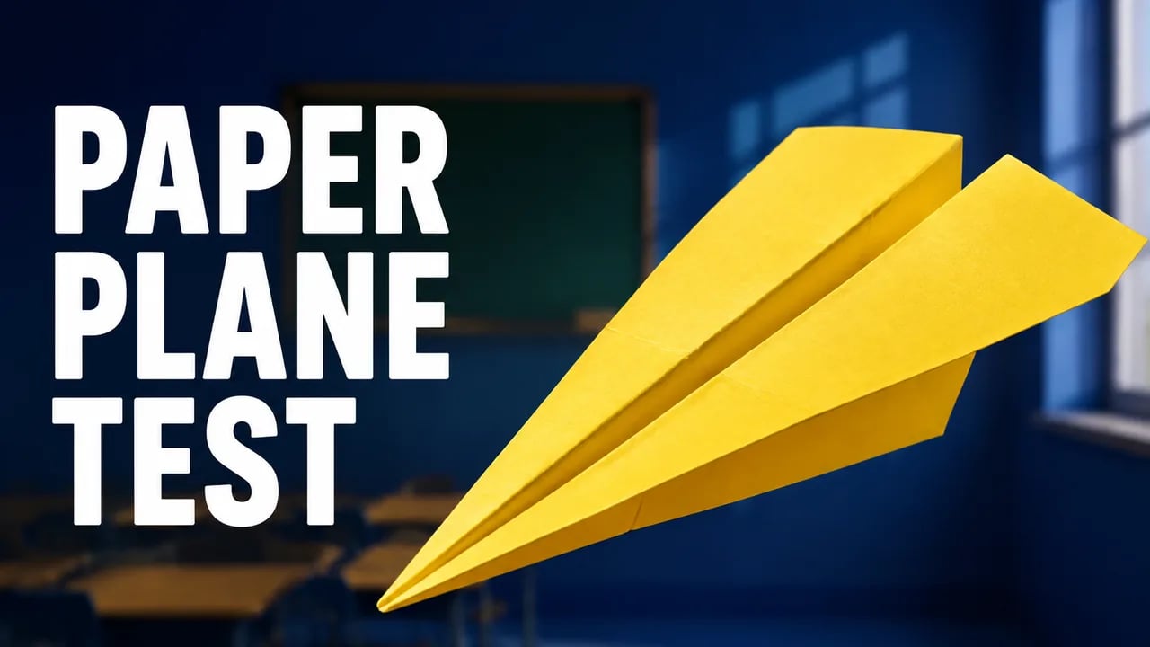 Large yellow paper airplane against a blue classroom with the title PAPER PLANE TEST.